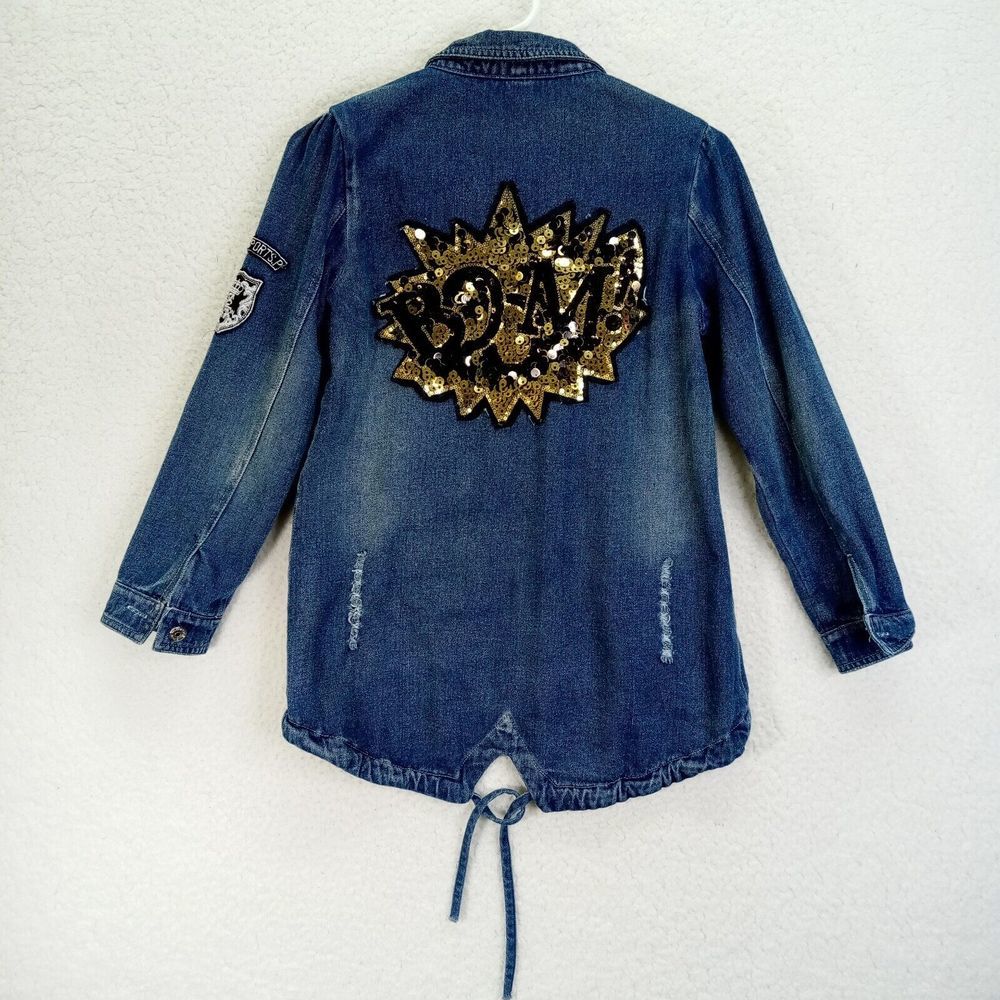 Boom Sequin Hi-Low Hem Denim Jacket Girls Sz 10-12 Blue Distressed - Picture 1 of 14